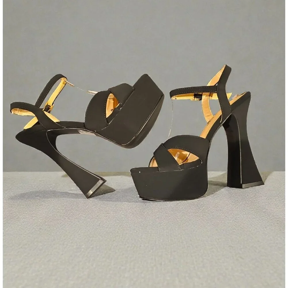 Black Platform High Heel Sandals With Ankle Strap - Picture 4 of 8